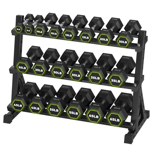 HANDBODE Rubber Coated Hex Dumbbell Set with Rack, 300-840 lb | Fixed Weights Sets with Heavy Duty Storage Stand, Multiple Weight Options Home Gym Equipment for Strength Training - style: 610 lb Set (5-65 lb) with Rack