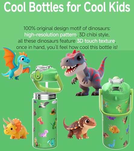 MYFOREST 14oz/400ml Insulated Kids Water Bottle, Odor-free Liner, 3D Touch | No Plastic Taste, Surgical Steel - No Chemical Leaching, Name Spot, Soft Sipper, Gift for Dino Fan, DinoCraft: Chibi - color: DinoCraft: Chibi
