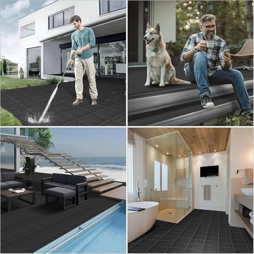 50 PCS Modular Interlocking Cushion Interlocking Floor Tiles with Hole Drainage Mat 10" x 10" Non Slip Pool Deck Mat Outdoor for Drain Deck Pool Patio Shower Kitchen Balcony (Black) - color: Black