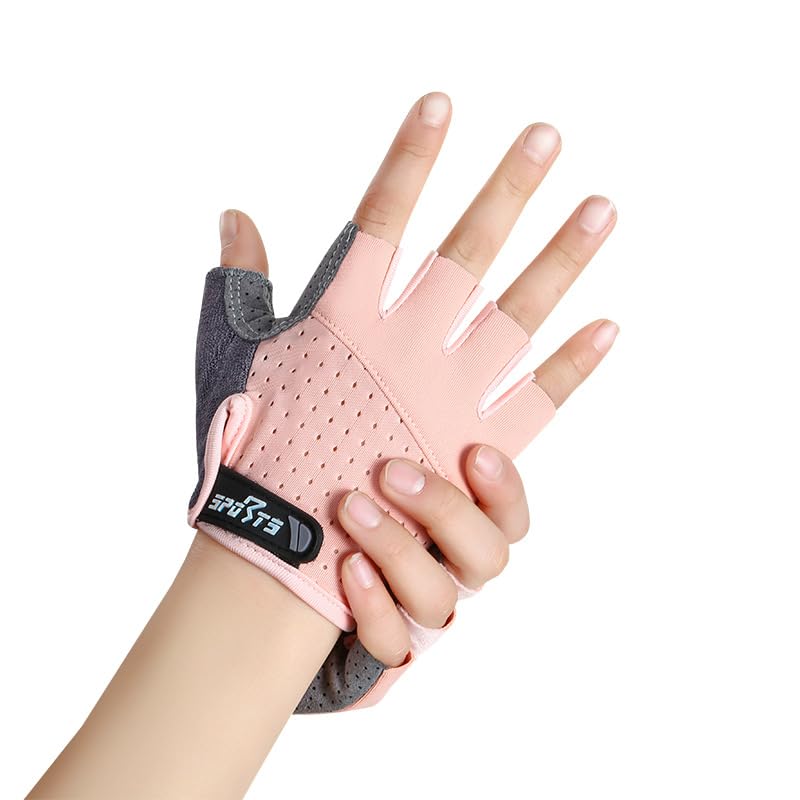 Kids-Fingerless-Workout-Cycling-Gloves Girls Boys, Breathable Mesh Sport Gloves with Non-Slip Palm Ages 3-12 - color: Pink, size: Large
