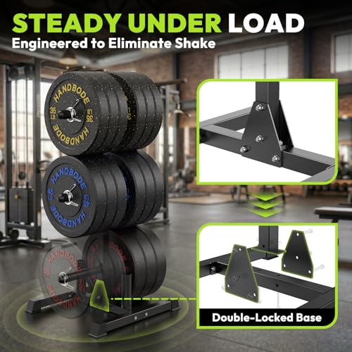 HANDBODE Weight Plate Rack with Barbell Storage, 1100 lbs Capacity | 6-Peg Vertical Holder for 1- or 2-Inch Plates, Heavy-Duty Organizer for Home Gym - style: 3-Tier Weight Plate Rack