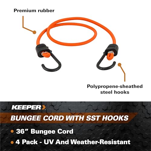 Keeper - 36” Bungee Cord with SST Hooks, 4 Pack - UV And Weather-Resistant - size: 36"