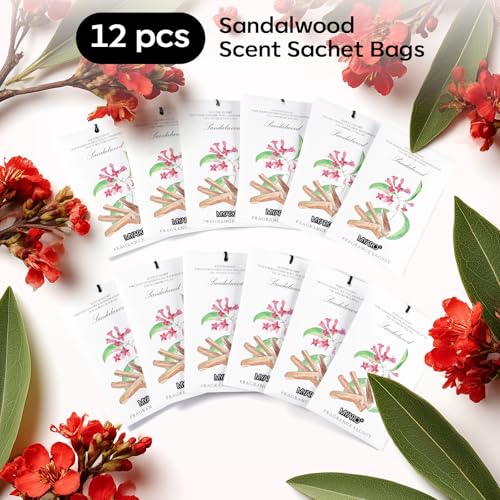 MYARO 12 Pack Sandalwood Scented Sachets for Drawer, Closet & Small Spaces Air Freshener Bags, Odor Eliminator for Clothes, Car, Wardrobe, Home Fragrance Gift Set - color: Sandalwood
