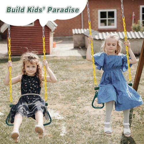 RedSwing Trapeze Swing Bar with Triangular Gymnastic Rings, Kids Swingset Heavy Duty Coated Chains with Carabiners, Outdoor Swing Play Playground Accessories, Green and Yellow - color: Green Yellow