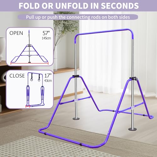 Gymnastic Bars for Kids with Attachable Rings, Height Adjustable Junior Training Horizontal Bars, Foldable Gymnastic Training Kip Bar for Home - color: Purple