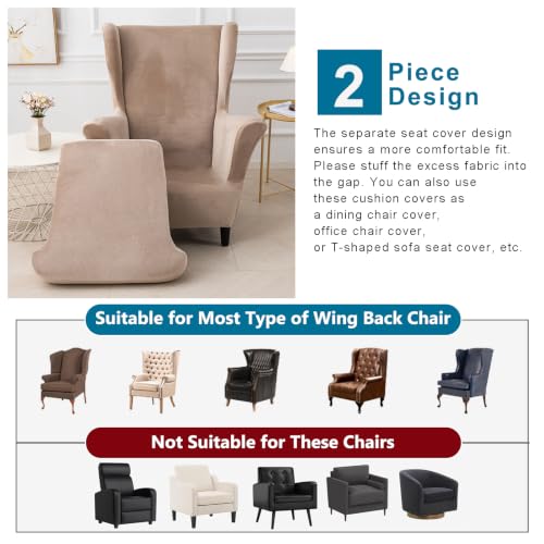 NILUOH Thick Velvet Wingback Chair Slipcovers 2-Piece, Stretch Wing Chair Covers Soft Sofa Slipcover Wing Back Armchair Cover Furniture Protector for Living Room - color: Khaki