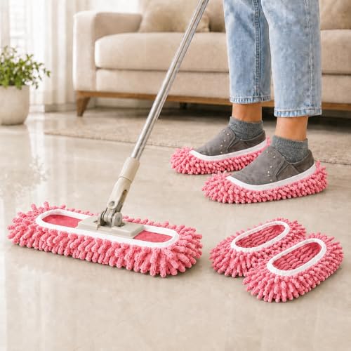 Mop Slippers Floor Cleaning Slippers Reusable Slipper Mop Covers Wearable Floor Cleaner for Household Indoor Use ,Pink - color: Pink