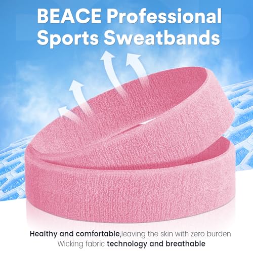 BEACE Sweatbands Sports Headband for Men & Women - Moisture Wicking Athletic Cotton Terry Cloth Sweatband for Tennis, Basketball, Running, Gym, Working Out - color: Pink