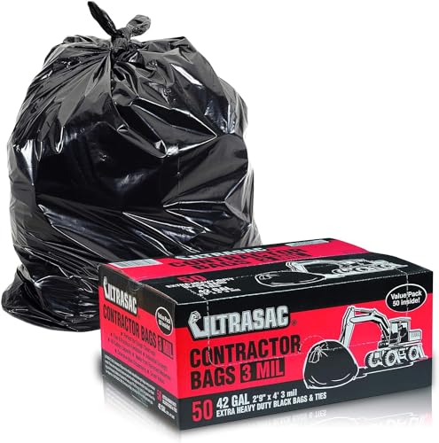 Ultrasac Heavy Duty Contractor Bags (VALUE 50 PACK/w TIES), 42 Gallon, 32.75" X 47" - 3 MIL Thick Large Black Industrial Garbage Trashbags for Construction and Commercial use - size: 1 Count (Pack of 50)