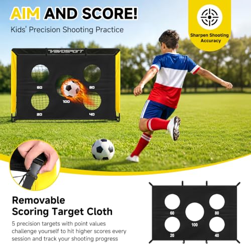 2 Pack Kids Soccer Goals for Backyard Set, 4x3 ft Portable Pop Up Soccer Goal, Kids Soccer Net Training Equipment with Soccer Target, Ball, Cones, for Ages 3-12 Outdoor Sports Games Gifts - color: Black Yellow