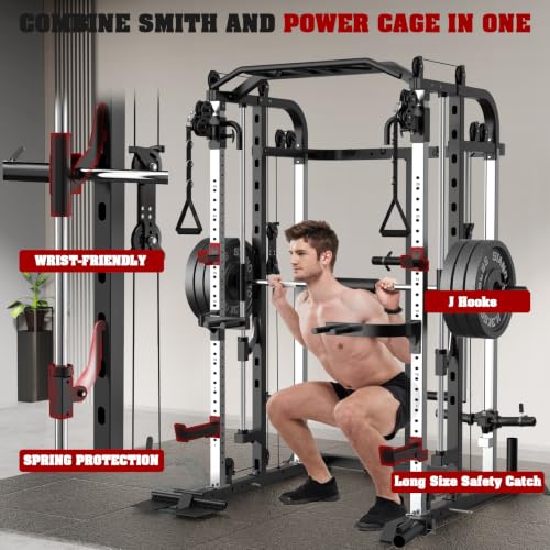 Smith Machine, Multifunctional Power Cage Rack with Smith Bar and Cable Pulley System, and LAT Pull Down Machine for Home Gym… - style: Power Cage with Landmine and Dipbar
