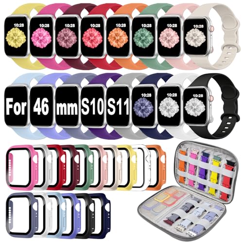 16 Pack Band Compatible with Apple Watch Bands 40mm 41mm 42mm 44mm 45mm 46mm for Women Men, Screen Protector Case Band&Organizer for iWatch Series 11 10 9 8 7 6 5 4 SE（Please select the correct size） - size: Series 11 10 46mm