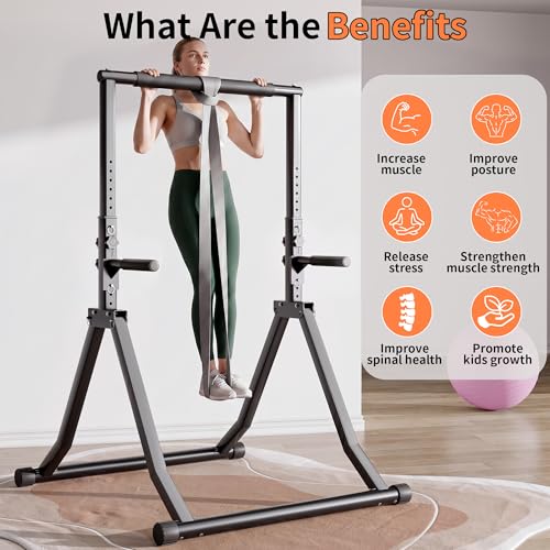 Foldable Pull Up Bar Station 58.3''-76.8'' Power Tower - color: 58.3"-76.8" with Dual Dip Handles & Assistance Bands