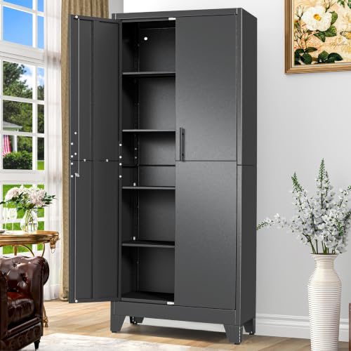 GAIOUS Tall Metal Storage Cabinet with Lock, 2 Doors Freestanding Steel Bookcase with Adjustable Shelves, Heavy Duty Lockable Office Filing Cabinet, Home Garage Utility Pantry Organizer Cabinet, Black - color: Black, size: 13.78''D × 25.98''W × 71''H