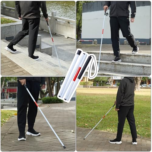 Foldable White Cane(Blind Cane) with Red Reflective Strip, 49 Inch Lightweight Walking Stick for Vision Impaired, Anti-Slip Handle for Daily & Travel Use