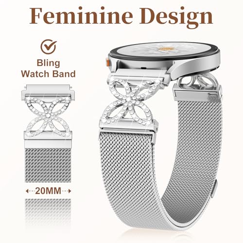 Getino Magnetic Metal Band Compatible with Galaxy Watch 7 Band 6 5 4 FE Active 2 40mm 44mm/Galaxy Watch 5 pro 45mm/Classic, 20mm Floral Dressy Strap for Samsung Watch Bands Women Milanese Mesh Loop - color: Bling Silver