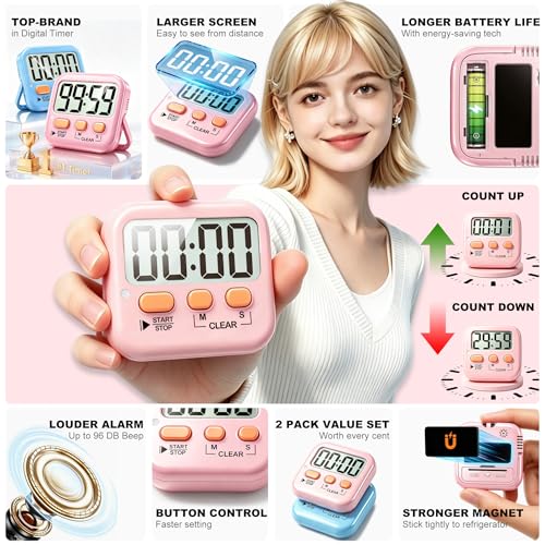 Antonki 2 Pack Digital Timer for Kids, Magnetic Countdown Kitchen Timers for Cooking, Egg, Classroom, Teacher, Exercise, Study, Oven - Battery Included - color: 2 * Dreamy Pink + Blue ( 95%+select for Boy & Girl )