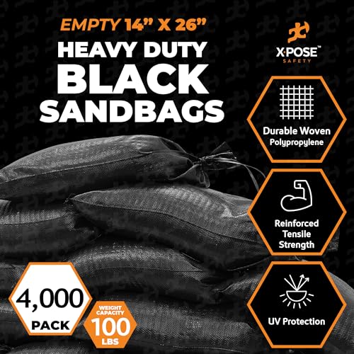 Xpose Safety Heavy Duty Sand Bags with Tie Strings – Empty Woven Polypropylene Sandbags for Hurricane Flood Protection, 100 lb Capacity, 14" x 26", Black, Bulk Half Pallet Pack of 4000 - color: Black, size: 4000 Sandbags (Half Pallet)
