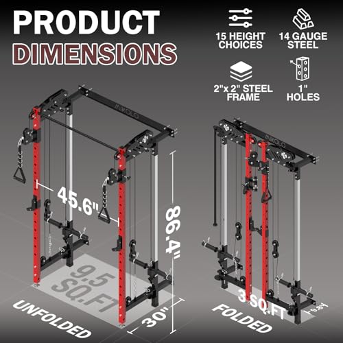 Mikolo Folding Squat Rack, Wall Mounted Power Rack with Cable Crossover Machine & LAT Pull Down, Functional Trainer with 5 Adjustable Function Modes, Home Gym Package - color: Red, size: WR00 SlimFold (Rack Only)