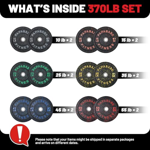 2" Bumper Plates Set Olympic Weight Plates for Barbell Strength Training | Papababe 2Inch Weights Plates Set, Floor Protective Plates, 20-600lbs Rubber Bumper Plates for Weightlifting, Bench Press - size: 370 LB SET (PAIR OF 10, 15, 25, 35, 45, 55 LB), st