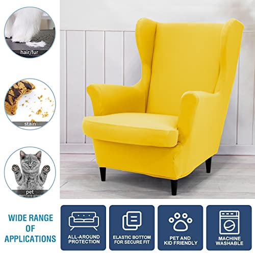 NILUOH Wingback Chair Cover 2-Piece Soft Stretch Wing Chair Slipcover Solid Color Armchair Sofa Couch Cover Furniture Protector with Elastic Bottom for Living Room Bedroom (Lemon Yellow) - color: Lemon Yellow