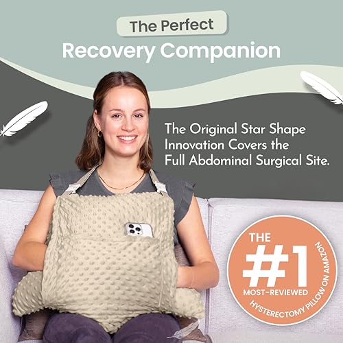 MOYOAMA Hysterectomy Pillow Post Surgery – Form-Fit Support Shield with Secure Straps, 2 Pockets, & Cozy Muff – After Hysterectomy Recovery Must-Haves, Post-Op C-Section Pillow Post Surgery Gifts - color: Sandstone Beige