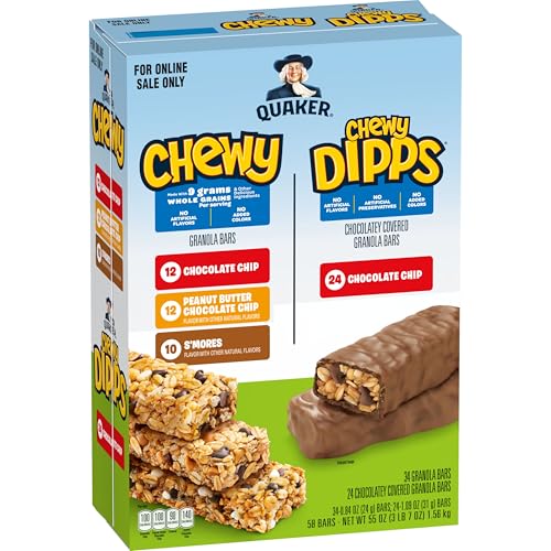 Quaker Chewy Granola Bars, Chewy & Dipps Variety Pack, (58 Bars), Whole Grains, No Artificial Flavors, No Added Colors - size: 58 Count (Pack of 1)