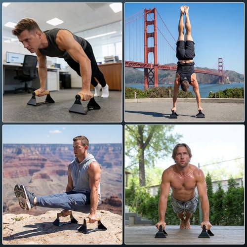 Rocalt Push Up Bars with Wooden Handles, Home Gym Calisthenics Parallettes | Ergonomics beech wood grips, alloy steel frame, 550 lb support, anti-slip feet, no assembly, for dips and deep push-ups