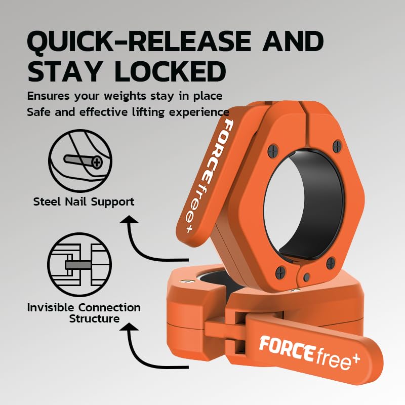 Forcefree+ Barbell Clips (Pair), Barbell Clamps, Quick Release Olympic Barbell Clamps with Anti Slip TPR Grip, Barbell Collars for Secure Weightlifting & Powerlifting - color: Orange