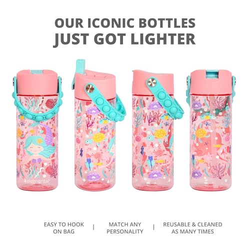 Elemental Leak Proof Water Bottles for Kids - Splash Kids Water Bottle for School with Pop-it Handle - Tritan Plastic Water Bottle with Straw - Mermaid & Robin's Egg - 18oz (2 Pack) - color: Duo - Mermaid Rose / Robin's Egg (Magic Tide)