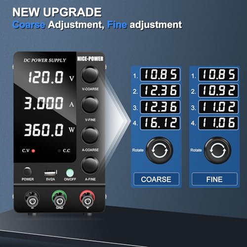 NICE-POWER DC Power Supply Variable 120V 3A, Adjustable Switching Regulated DC Bench Power Supply with Output Switch High Precision 4-Digit LED Display, Benchtop Lab Power Supplies with 5V/2A USB Port - size: 120V 3A