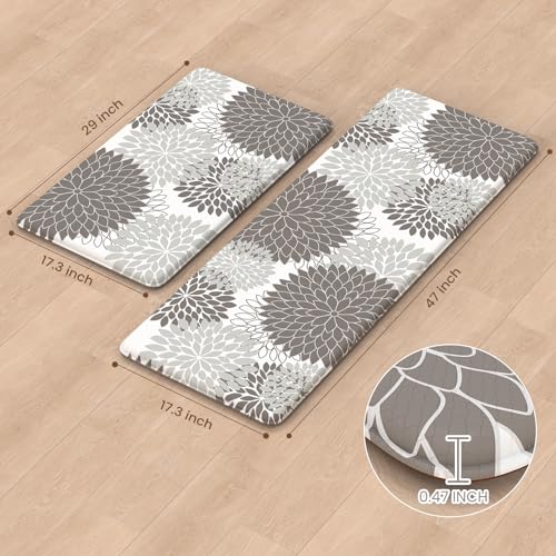 Anti Fatigue Kitchen Mat 2PCS,Boho Dahlia Floral Kitchen Rugs Non Slip Rubber Backing,Waterproof Farmhouse Kitchen Mat for Floor,Cushioned Standing Mat for Office,Laundry,Sink,Desk,Grey - color: Grey, size: 17.3" x 47 "+ 17.3" x 29 "--0.47 inches