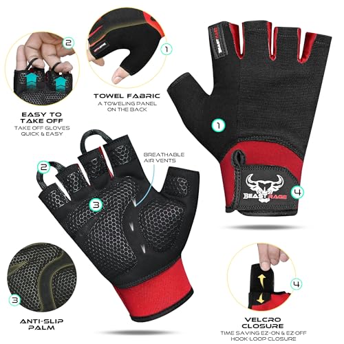 BEAST RAGE Workout Gloves for Men, Durable Palm Grip Gym Gloves Women Half Finger Elasticated Training Weight Lifting Strength Bodybuilding Anti Slip Cycling Gloves Exercise - color: Red, size: Large