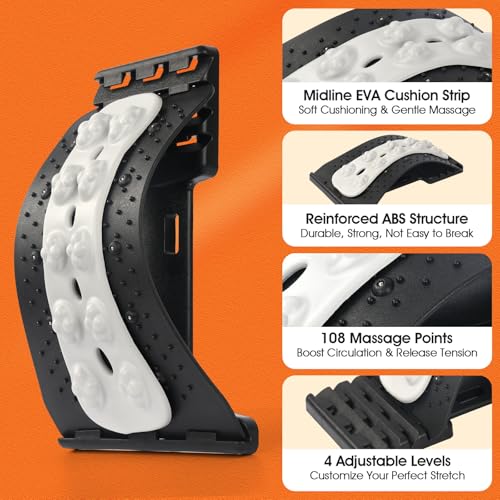Premium Back Stretcher for Lower Back Pain Relief – 4-Level Adjustable Lumbar Support Board with Soft EVA Massage Strip – Durable & Portable Back Cracker to Release Tension and Reset Your Day (Black) - color: Black