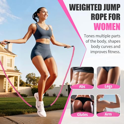 KUZARO Jump Rope, Weighted Jump Rope for Women, Heavy Jump Ropes for Fitness, Home Gym Exercise Equipment, Adult Skipping Rope for Improve Strength, Weight Loss, Boxing Training,Total Body Workout Equipment - color: Pink 5lb