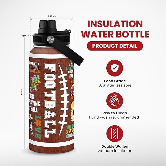 SANDJEST American Football Insulated Stainless Steel Water Bottle 32oz, Vacuum Chug Lid Travel Tumbler for Men Friends Dad Football Lovers Fans Coaches, Birthday Christmas Father's Day - color: Football 5