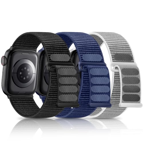 3 Pack Nylon Bands Compatible with Apple Watch Band 44mm 45mm 46m 49mm 42mm 38mm 40mm 41mm iWatch Series 10 9 8 7 6 5 4 3 2 1 Ultra SE, Adjustable Breathable Braided Sport Stretch Wristbands Women Men - color: 2-Black/Dark Blue/Rock Gray, size: 44mm/45mm/