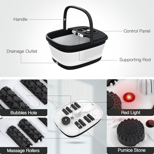 HOSPAN Collapsible Foot Spa with Heat, Bubble, Red Light, and Temperature Control, Foot Bath Massager with 8 Shiatsu Massage Rollers, Pedicure Foot Spa for Relaxation and Stress Relief, Black - color: Black