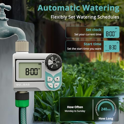QUOBAS Low Pressure Water Timer, Weekly Sprinkler Timer for Garden Hose | Programmable Hose Timer with Brass Inlet & Outlet, Zero Pressure Water Timer for Rain Barrel, Rain Delay/Manual/Auto Modes - size: Weekly Program 1 Zone