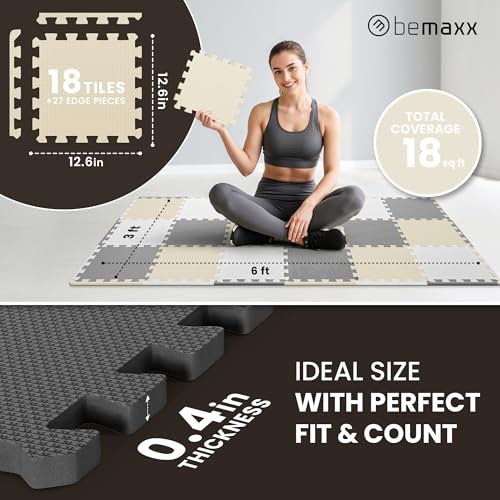 bemaxx Gym Mats Set - 18 pcs EVA Interlocking Foam Floor Tiles (12.6"x12.6"x0.4") 18sqft Protective Gym Flooring Sports Home Workout Exercise Mats Puzzle Garage Fitness Play-Room Pool Treadmill Bike - color: Sand Stone Trio, size: 18 Tiles | 18 sq ft