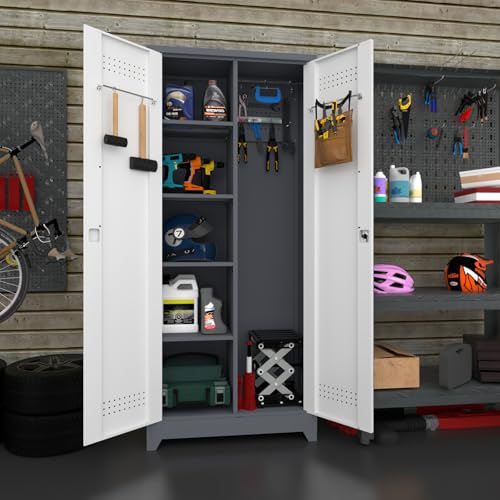 IRONFFICE Metal Storage Cabinets with Doors and Shelves,Tall Broom Closet Storage Cabinet with Pegboard,Utility Tool Cabinets,Steel Locking Cabinets for Home Office,Basement,Laundry,Grey-White - size: 72"H x 31.5"W x 15.74"D-Grey/white