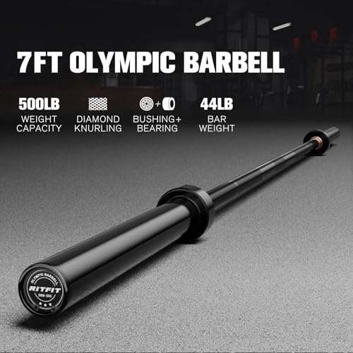 RitFit Elite 7ft Olympic Barbell, Robust 45lb Barbell for Weightlifting and Powerlifting, Superior Olympic Bar with Exceptional 500lbs Load Capacity, Weight Bar for 2” Standard Plates - color: Black, size: 7 ft 500 lb 45 lb without Collar