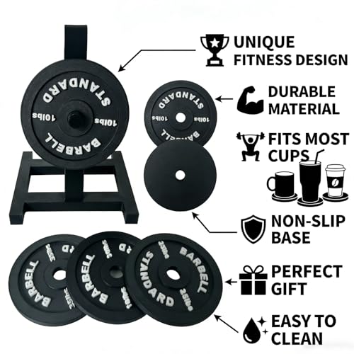 Weight Plate Coaster Set of 4 with Weight Rack Holder-Fun Drink Coasters for Gym Lovers & Fitness Enthusiasts-Unique Lifting Decor Gift for Home,Office, Man Cave-Heavy Duty & Durable,and Lightweight.