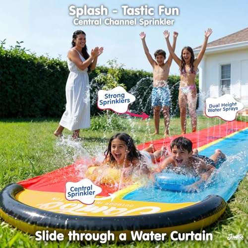 JAMBO 22ft Double Lane Slip Splash and Slide with 2 Bodyboards with Built in Sprinkler for Backyard Outdoor Water Fun for Kids - color: 22.5' Multicolor