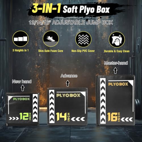 Soft Plyo Box 12/14/16 in Foam Jump Trainer for Home Gym - size: 16+Black