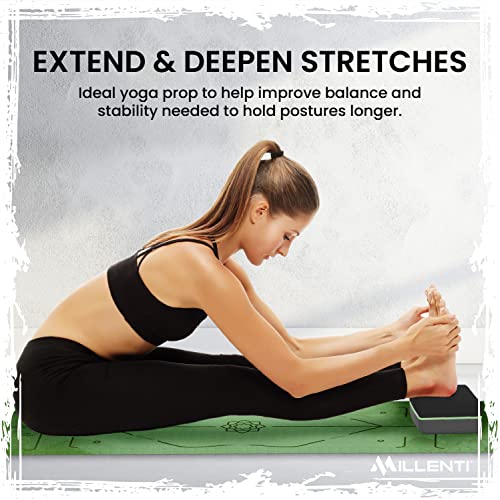 Millenti Gray Black Yoga Block Yoga Brick - Sold as Single EVA Foam Block, Bevelled Edge, Non-Slip, Latex-Free Block with a Workout Chart 9x6x4” - color: Green