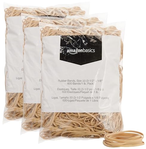 Amazon Basics Rubber Bands, Office Supplies, Size 33 (3-1/2 x 1/8 Inch), Stretchy, 600 Bands/1 lb Pack, 3-Pack, Tan - size: Size 33, style: 3-Pack