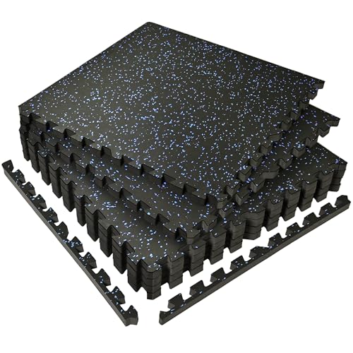 SUPERJARE 0.56'' Thick 6 Pcs 24 Sq Ft Rubber Top Exercise Equipment Mats, High Density EVA Foam Mats with Rubber Top, Interlocking Gym Flooring for Home Gym, Protective Workout Mat, Black/Blue - size: 6 Tiles (24 Sq Ft)