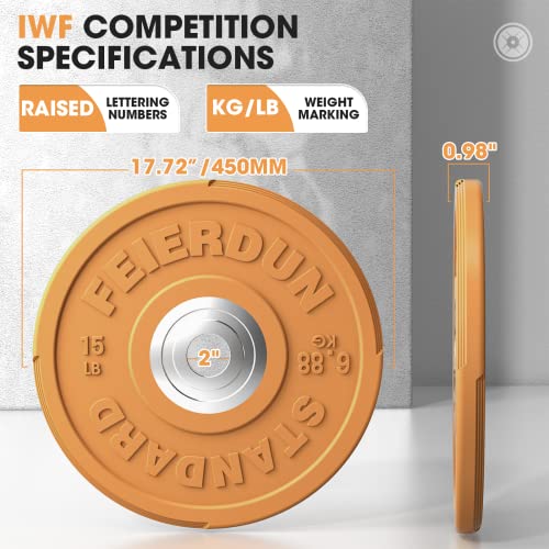 FEIERDUN Color Bumper Plate Set, 2-Inch Olympic Weight Plates, Low Bounce Rubber Barbell Plates with Stainless Steel Insert for Weightlifting, Strength Training, CrossFit & Home Gym, 10LB-370LB - style: B) 15LBS Pair