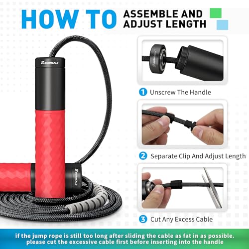 Weighted Jump Rope for Men, Women (1.5LB) - Alloy Steel Handles, Speed Skipping Rope, Gym,Indoor/Outdoor - Fitness, Workout, Boxing - Solid PVC & Cotton Rope - color: RED-BLACK